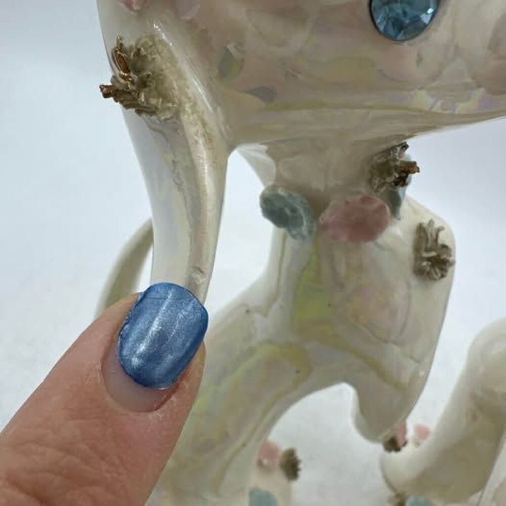 Vintage Lefton Dog Cat Iridescent Figurines Figure Spaghetti Flowers Floral - Picture 8 of 10